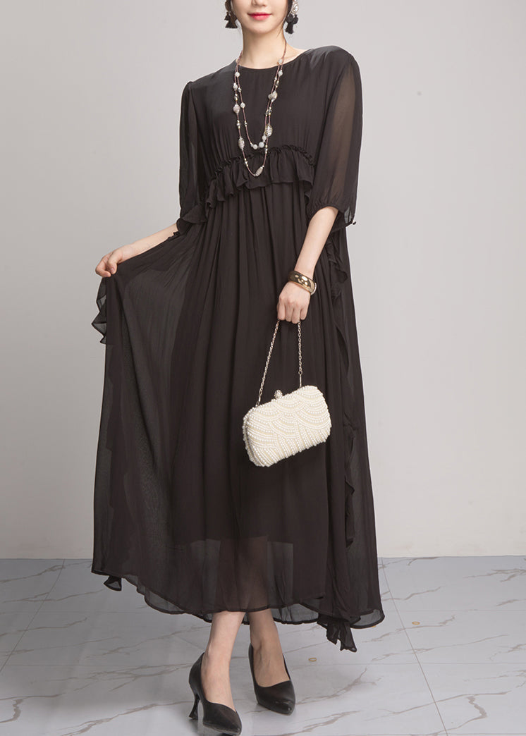 Handmade Green O-neck Ruffled Wrinkled Vacation Chiffon Maxi Dresses Lantern Sleeve Ao1027