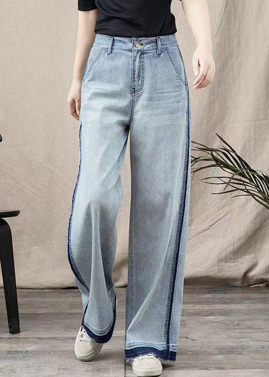 Blue Pockets Patchwork Denim Wide Leg Pants Spring Tt1027