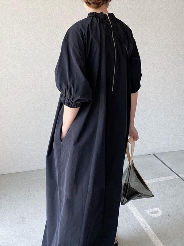 Loose Puff Sleeves Pleated Split-joint Zipper Stand Collar Maxi Dresses Shirt Dress