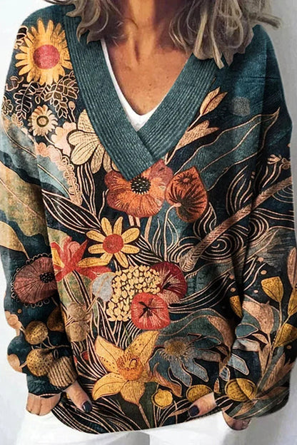 Unique Printed V-neck Long Sleeve Loose Sweater