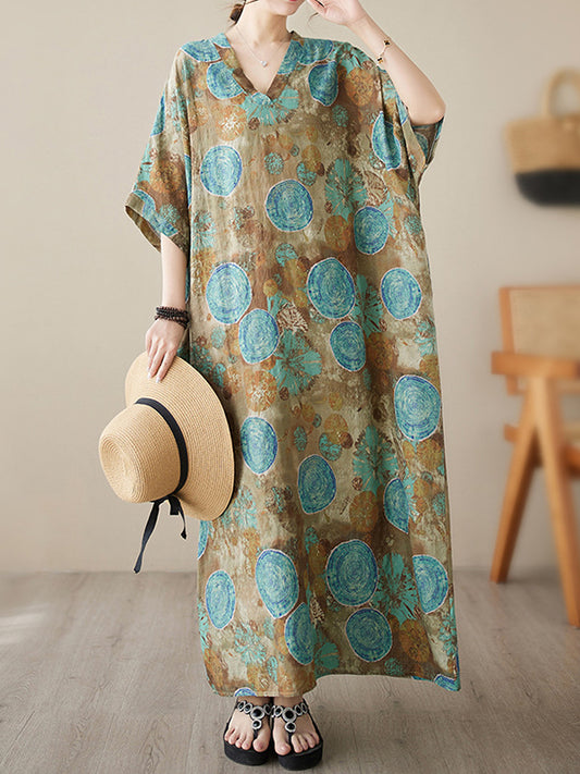 Loose Short Sleeves Printed V-neck Maxi Dresses