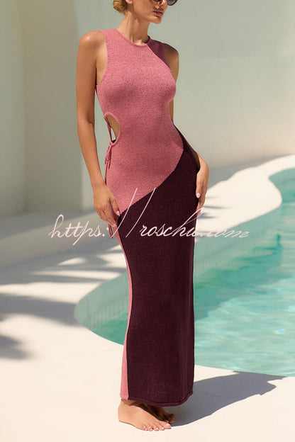 Sunday at the Beach Knit Color Block Hollow Lace-up Cover-up Maxi Dress