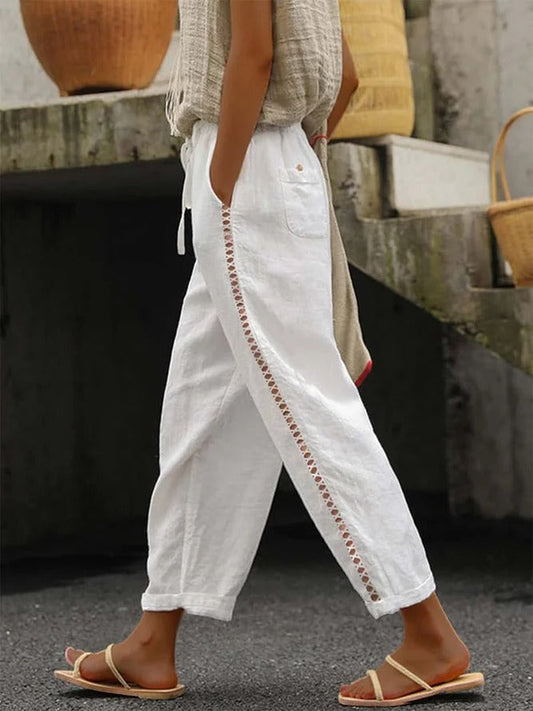 Loose Hollow Out Lace Pockets Drawstring Waist Plain Linen Pants