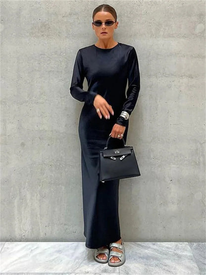 Hollow Out Satin Maxi Dress Female High Waist Slim Scoop Neck Long Sleeve Dress Zipper Party Dress Summer