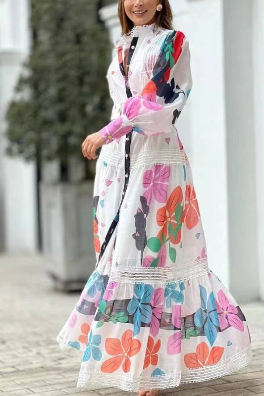Print Lace Paneled Single Breasted Long Sleeved Maxi Dress
