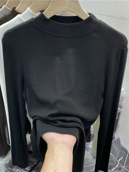 Basic Pure Cotton White T-shirt for Slim Top ’s Half Turtleneck Long Sleeve T-shirts