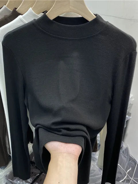 Basic Pure Cotton White T-shirt for Slim Top ’s Half Turtleneck Long Sleeve T-shirts