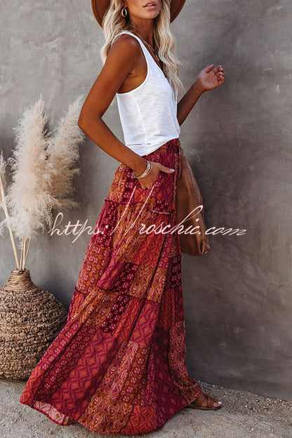 Print Stretch Elastic Waist Pocket High Waist Skirt