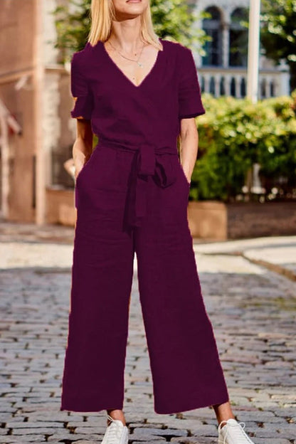 Short Sleeve Color Lace-up V Neck Soft Romper Jumpsuit