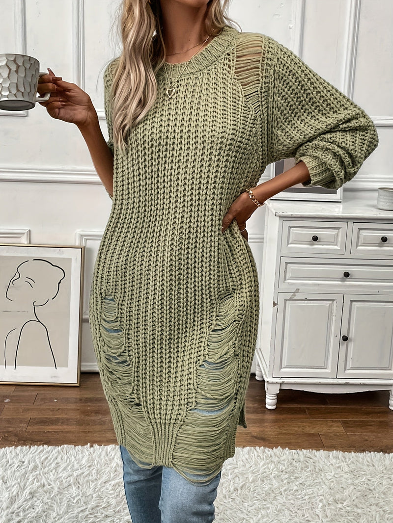 Crew Neck Ripped Split Pullover Sweater Fh9741