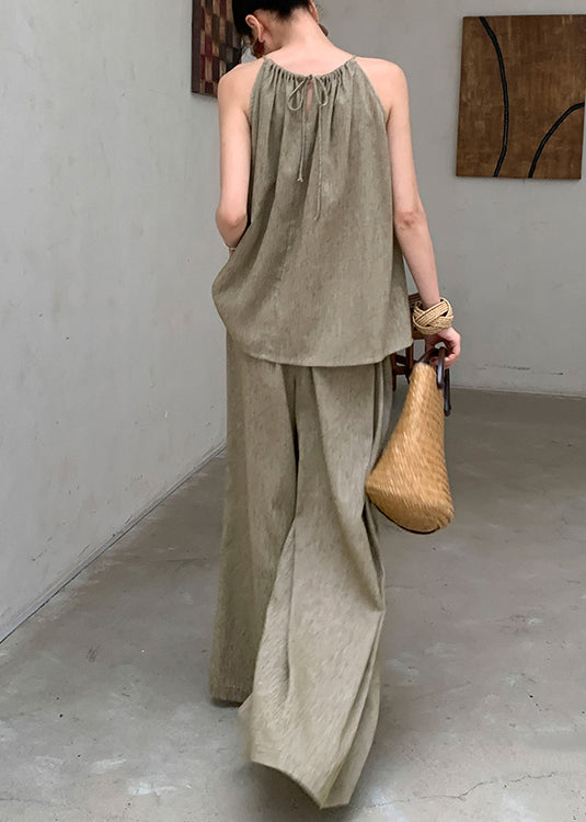 French Green Tops and Pants Linen Two Pieces Set Sleeveless Ee037