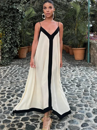 V Neck Backless Maxi Dresses for Color Block Slim Sundress Femme Street Party Temperament Dress Woman