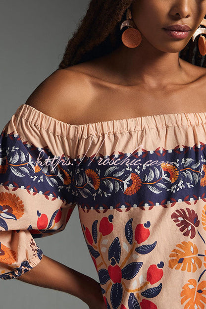 Island Lover Printed Off the Shoulder Pocketed Flowy Midi Dress