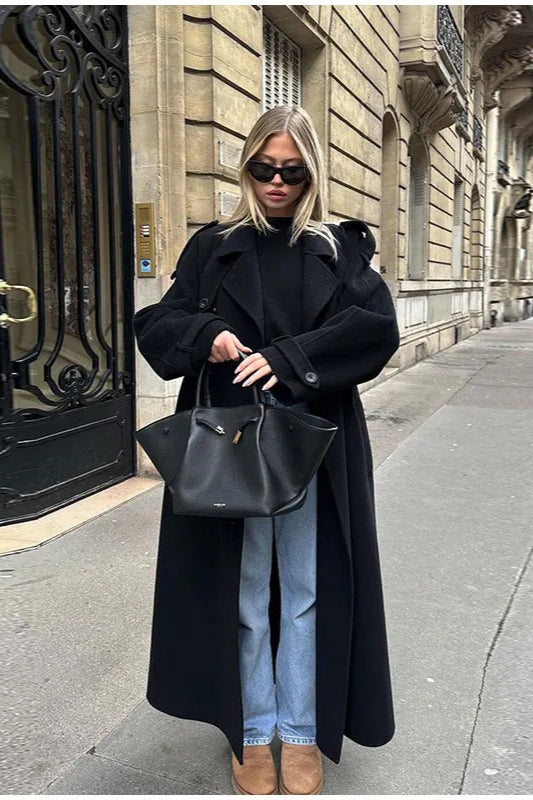 Turn-down Collar Double-breasted Long Overcoat