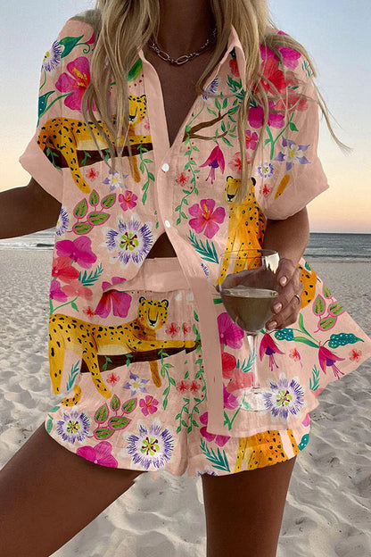Leopard Print Loose Buttoned Elastic Waist Shorts Set
