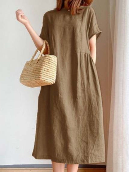 Loose Color Round-neck Midi Dresses