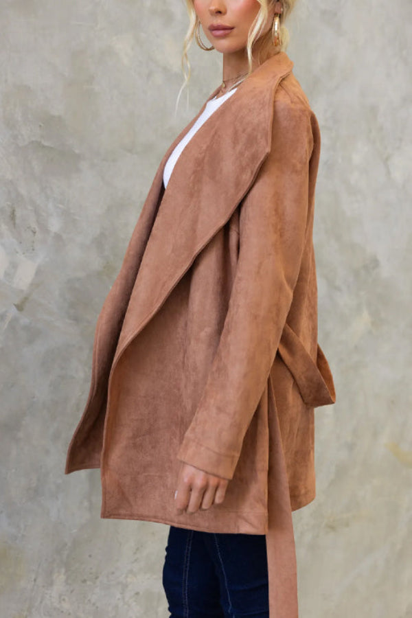 Collared Open Front Faux Suede Coat With Belt