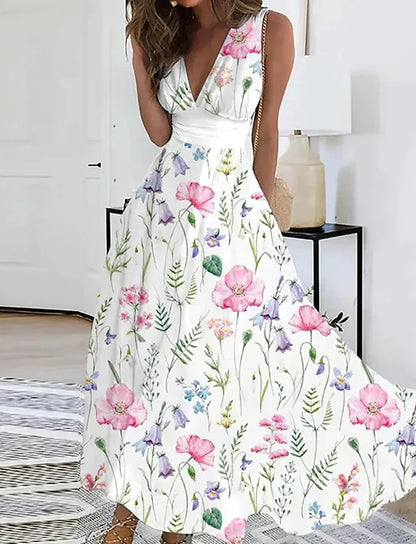Summer Flower Printed Sleeveless Long Dresses V-neck Lady Party A-line Dress Maxi Evening Vestidos New