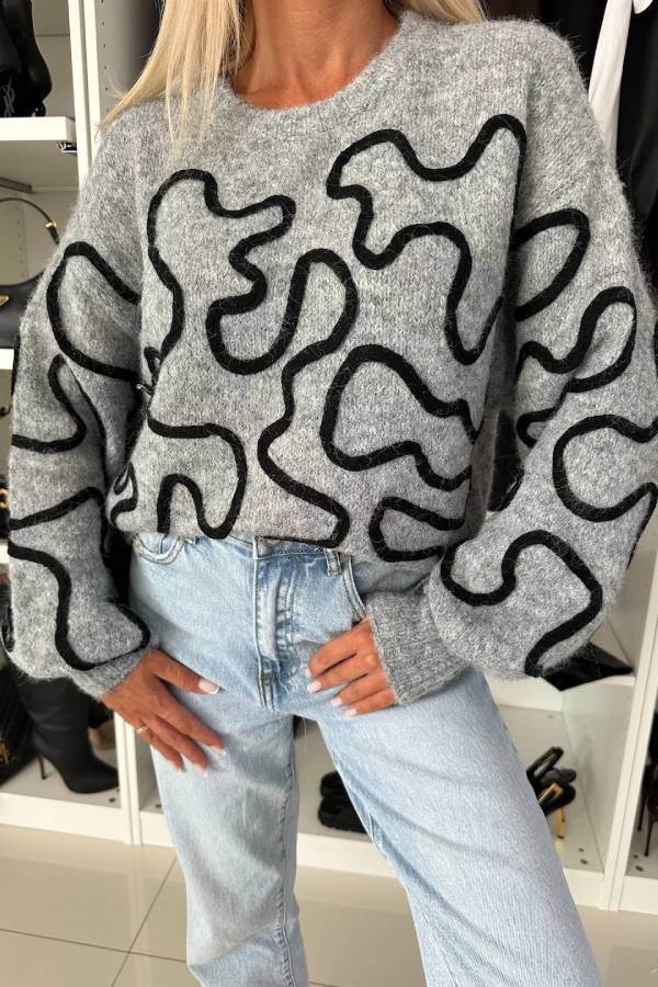 Mood Knit Contrast Color Sewing Line Pattern Loose Sweater