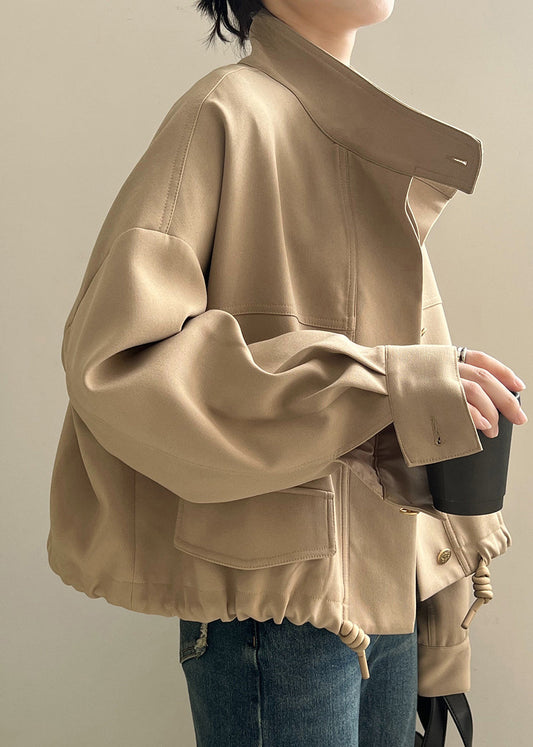 Khaki Stand Collar Drawstring Cotton Coat Outwear Fall Af1013