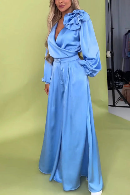 Color V-neck Long-sleeved Large Flower Decorated Top and Pocket Wide-leg Pants Set