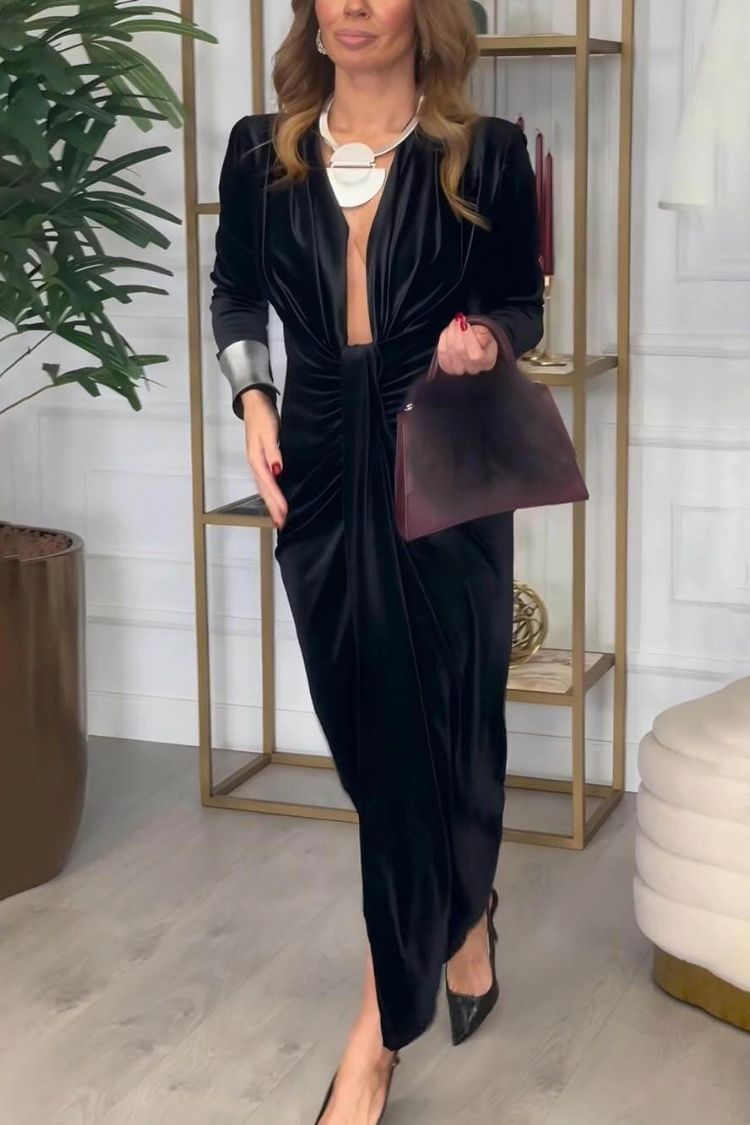 Classic Pleated Deep V Slit Party Maxi Dress