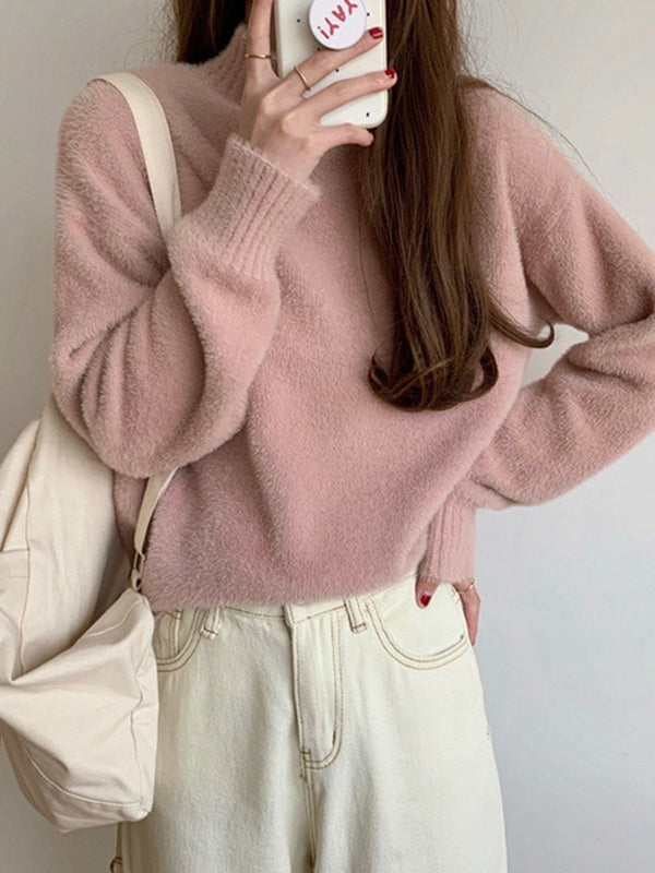Warm Pink Mock Neck Long Sleeve Mink Sweater Qx005