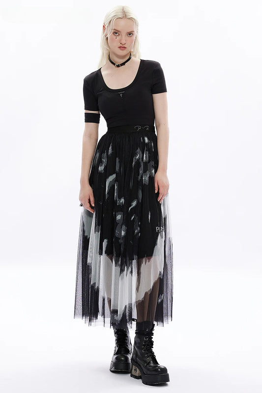 Daily Tie Dyed Gauze Letter Embroidery Logo Rivet at Waist Girl Mid-length Skirt
