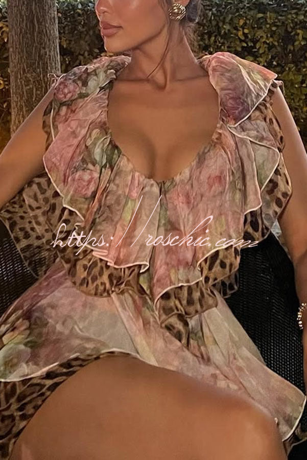 Dreamy Island Leopard Print Cutout Waist Tiered Ruffles Mini Dress