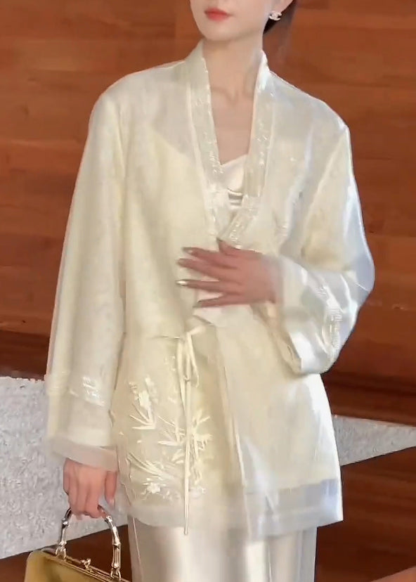 Cardigan Neck V Embroidered Up Lace Silk Beige Spring