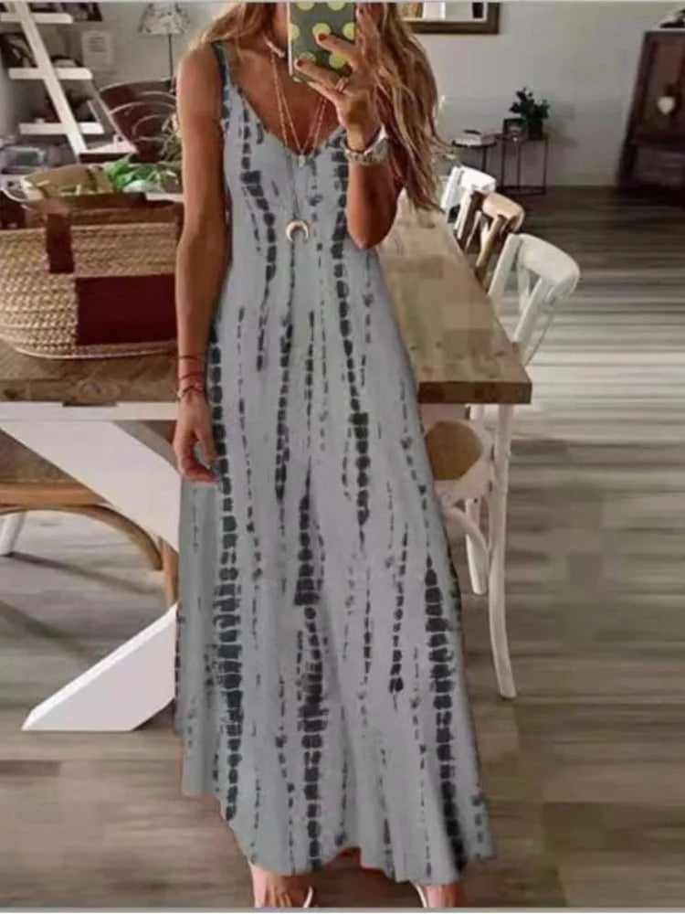 Printed Maxi Spaghetti Strap Dresses for V-neck Backless A-line Long Dress Style Beach Vestidos