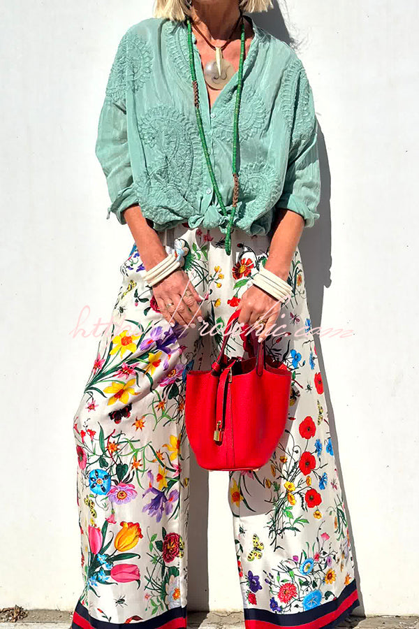 Fabulous Fiesta Satin Unique Print Elastic Waist Pocketed Wide Leg Pants