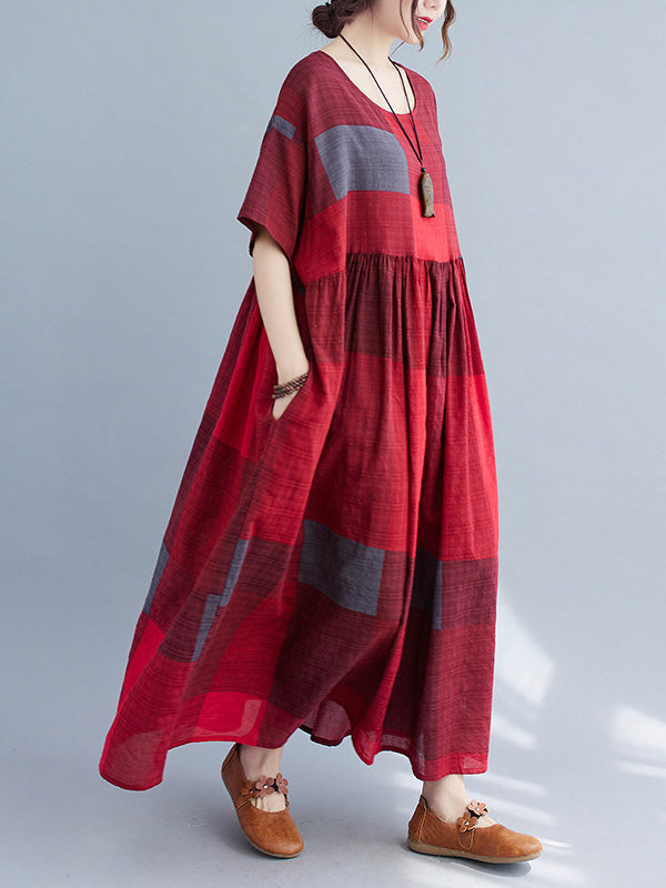 Artistic Retro Loose Color-block Pleated Round-neck Half Sleeves Midi Dress