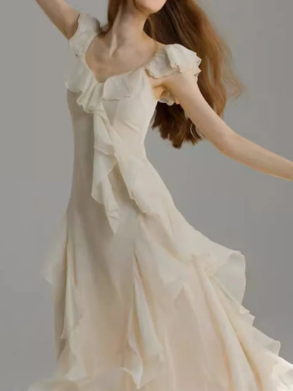 French Ruffles Midi Dress Summer New Sleeveless V-neck Holiday Beach Style A-line Party Prom Robe Vestido Mujer