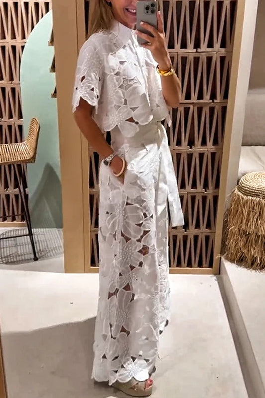 Redefining Elegance Lace Cropped Shirt and Belt Pocketed Wide Leg Pants Set