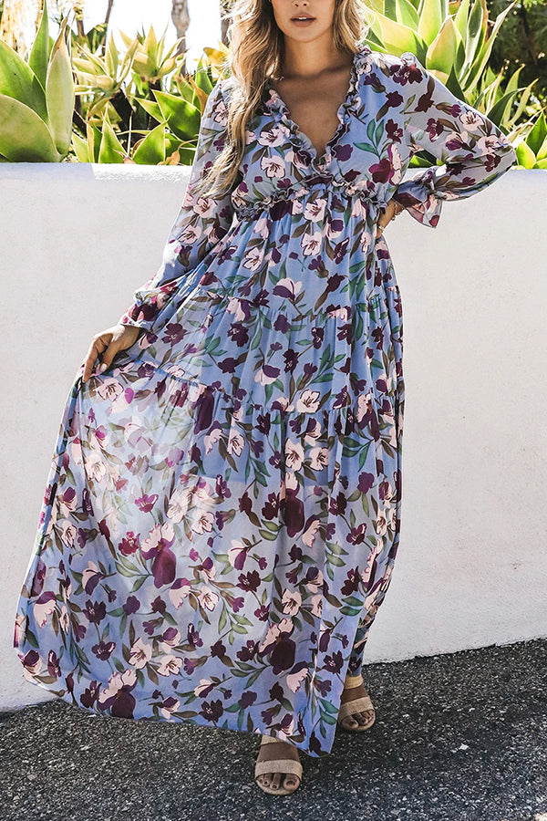 Light Blue Print Ruffle Trim Maxi Dress