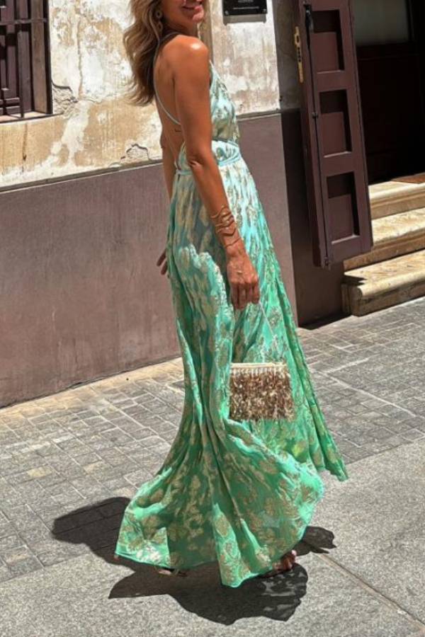 Bianca Tie-dye Ombre Gold Print A-line Halterneck Maxi Dress