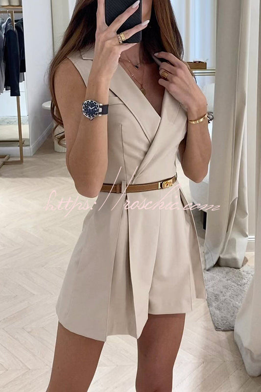 Office Lady or Girl Lapel Pocket With Belt Pleated Romper