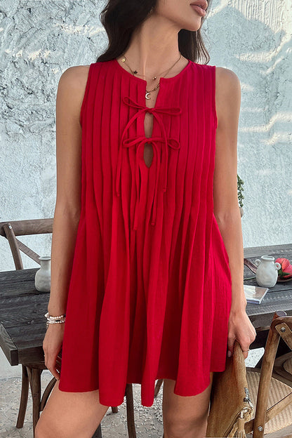 Color Sleeveless Tie Pleated Mini Dress