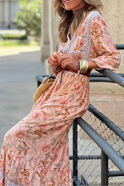 Pink V Neck Ruffle Maxi Dress