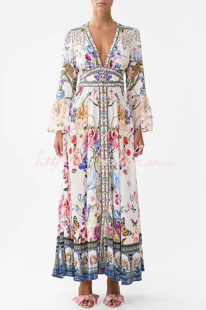 Fairy Tale Print V-neck Lantern Sleeve Waist Maxi Dress