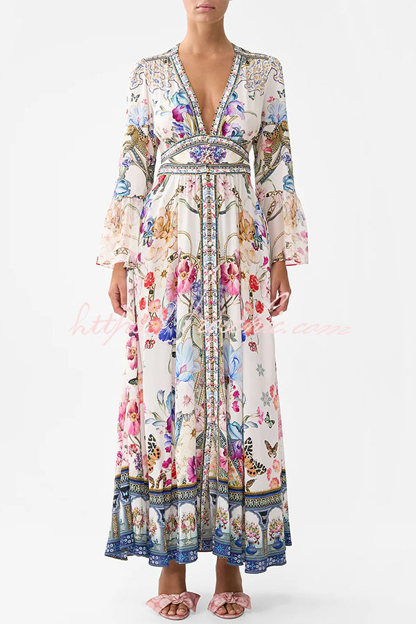Fairy Tale Print V-neck Lantern Sleeve Waist Maxi Dress