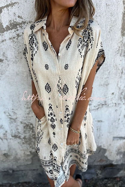 Linen Blend Unique Print Lapel Pocket Mini Dress