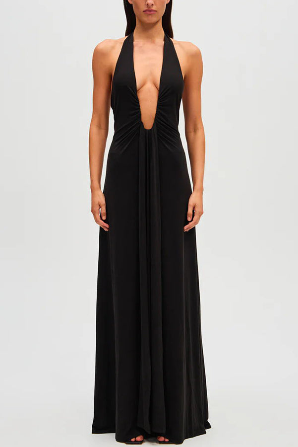 Silhouette Deep U-neck Halter Waterfall Sash Drape Maxi Dress