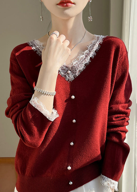 French White O-neck Lace Patchwork Cotton Knit Sweater Fall Qp047