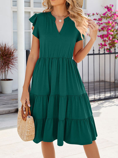 Loose Ruffle Sleeves Pleated Pockets Color Split-joint V-neck Midi Dresses