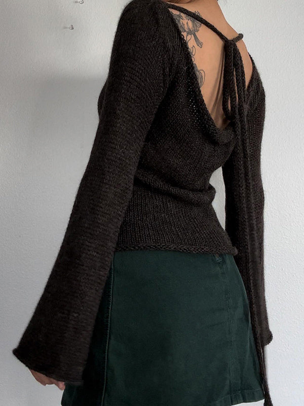 Brown Round-neck Back Cross Hollow Lace-up Long Bell Sleeve Sweater An1039