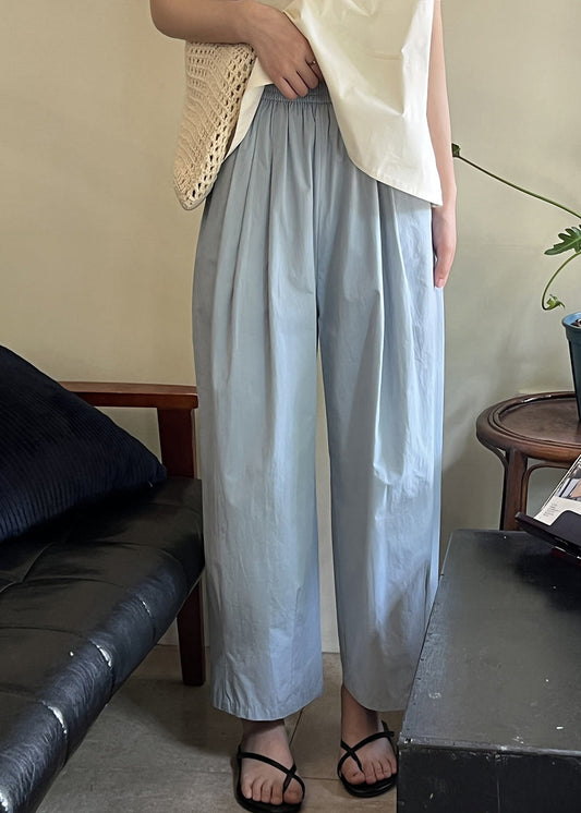 Blue Summer Pants Loose Cotton Elastic Crop Waist