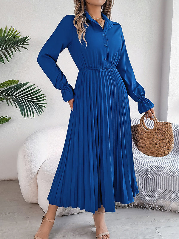 A-line Flared Sleeves Buttoned Elasticity Pleated Color Lapel Maxi Dresses