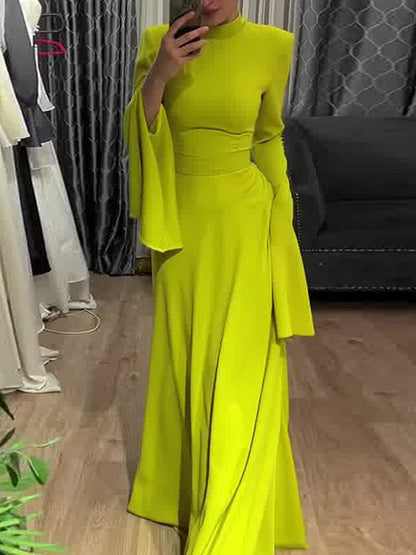 Ruffle Sleeves Skinny Belted Color Round-neck Maxi Dresses